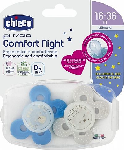 Chicco Physio Comfort Σιλικόνης Night 16-36m Σιέλ/Γκρι 2τμχ
